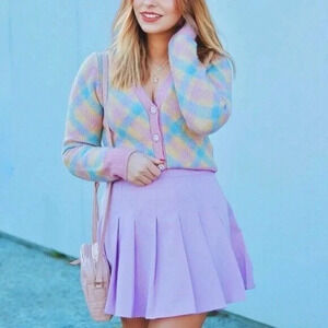 Zara Pastel Cardigan Womens‎ Medium Rhinestone Jewel Buttons Blogger Fave Argyle